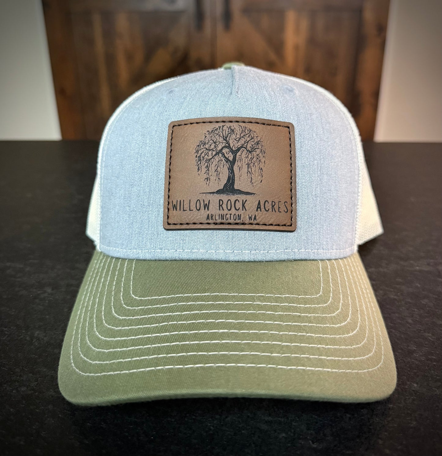 Richardson 112 trucker hat in Heather Grey/Birch/Army Olive